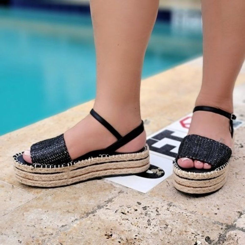 Black Woven Color Espadrille Wedge Sandals Open Toe Faux Leather Women's - Picture 1 of 4